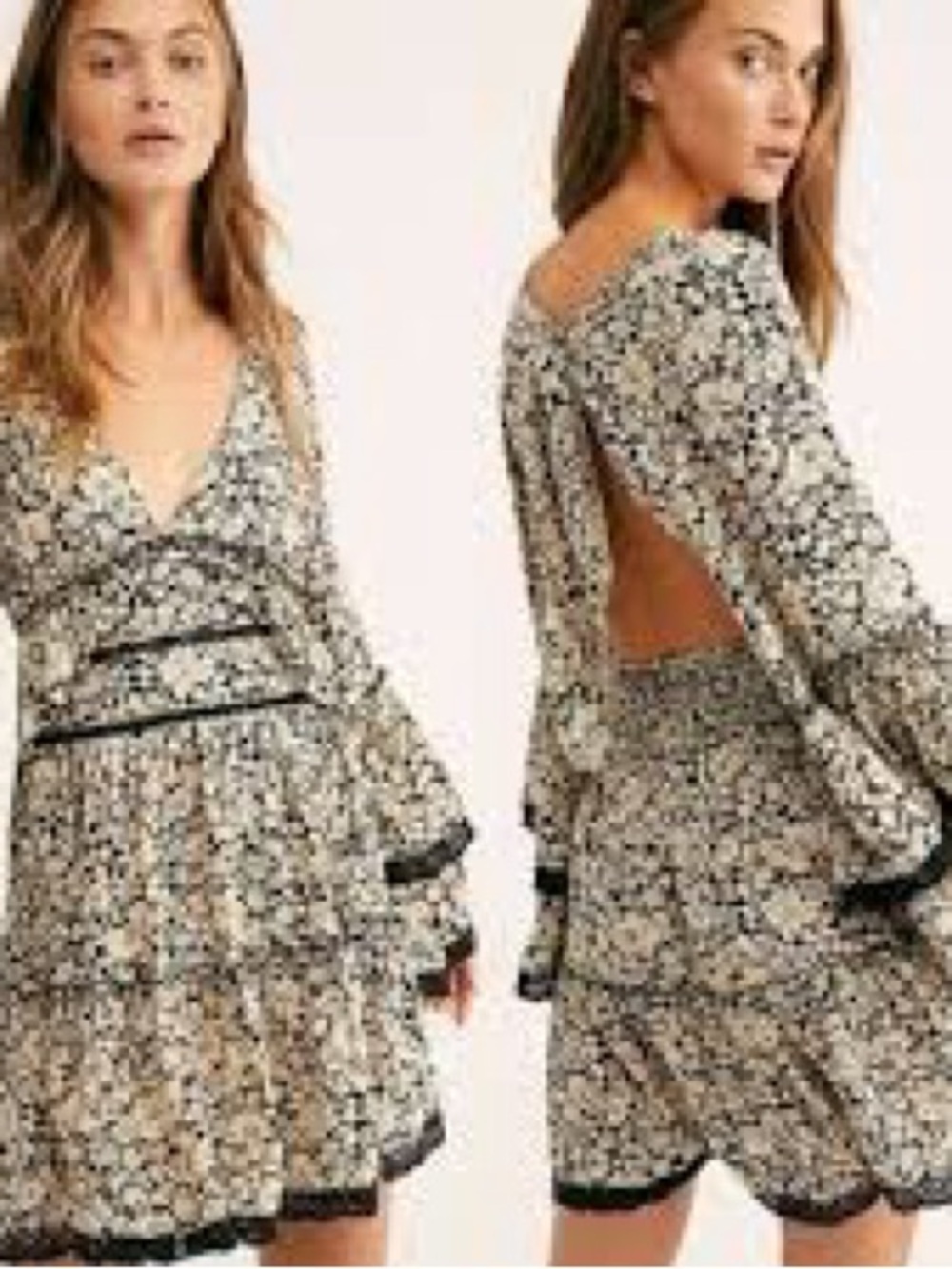 Free People Cream and Black Floral V-Neck Ruffle Mini Dress